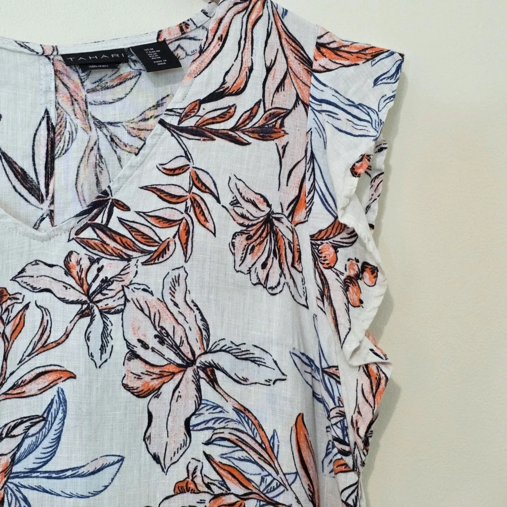 Tahari 100% Linen Tropical Floral Mini Dress Sz M Beach Boho Print Ruffle‎ Shift